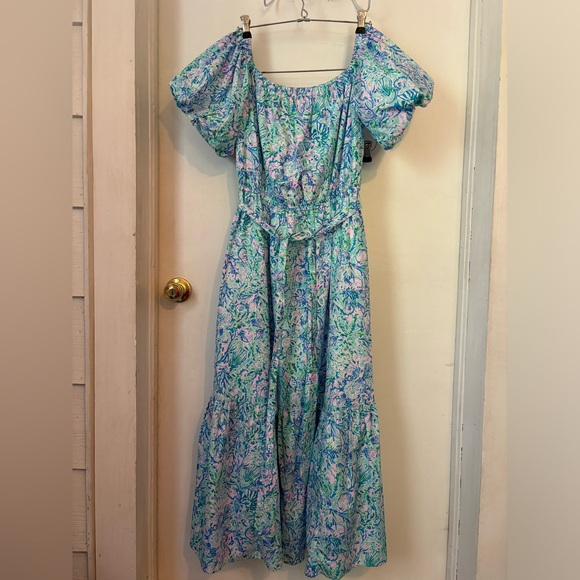 Lilly Pulitzer Tamie Off The Shoulder Surf Blue Soleil It On Me - Picture 1 of 2